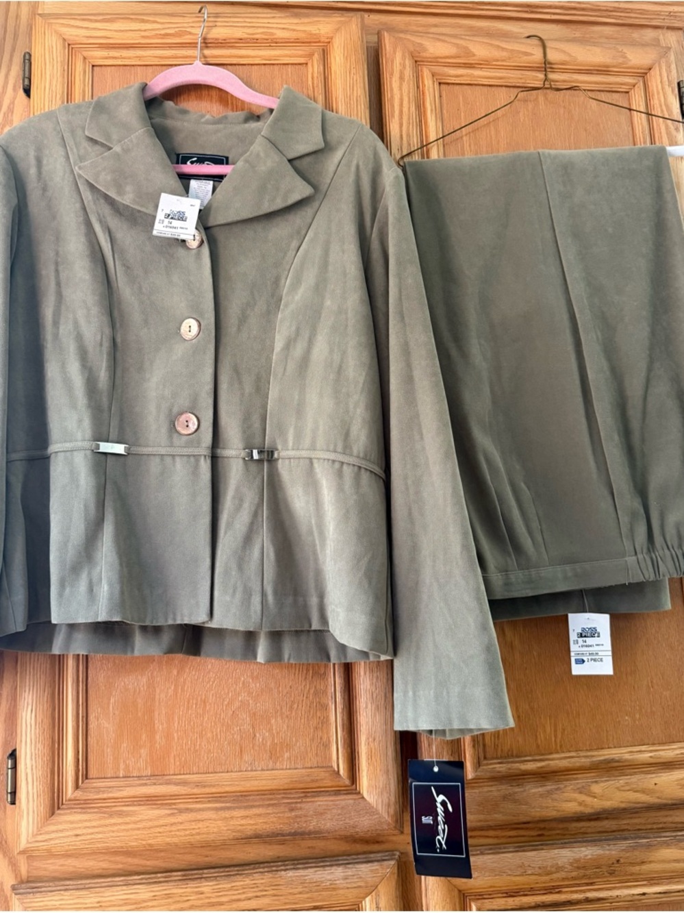 Suede Olive Green Jacket and Skirt Set